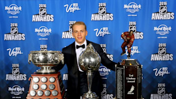 LAS VEGAS, NV - JUNE 22: Patrick Kane of the Chicago Blackhawks poses after winning the Hart Trophy, the Ted Lindsay Award and the Art Ross during the 2016 NHL Awards at The Joint inside the Hard Rock Hotel & Casino on June 22, 2016 in Las Vegas, Nevada. (Photo by Bruce Bennett/Getty Images)