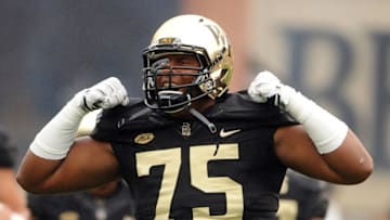 WINSTON-SALEM, NC - SEPTEMBER 26: Justin Herron #75 of the Wake Forest Demon Deacons runs onto the field prior to their game against the Indiana Hoosiers at BB&T Field on September 26, 2015 in Winston-Salem, North Carolina. Indiana defeated Wake Forest 31-24. (Photo by Lance King/Getty Images)