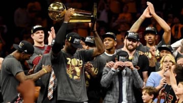 Jun 19, 2016; Oakland, CA, USA; Cleveland Cavaliers forward LeBron James (23) celebrates with the Larry O