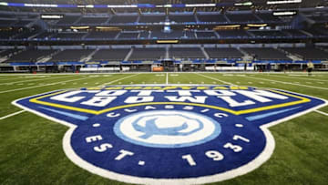 Jan 1, 2015; Arlington, TX, USA; General view of the Goodyear Cotton Bowl logo before the game between the Baylor Bears and Michigan State Spartans in the 2015 Cotton Bowl Classic at AT&T Stadium. Mandatory Credit: Kevin Jairaj-USA TODAY Sports