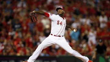 Jul 14, 2015; Cincinnati, OH, USA; National League pitcher Aroldis Chapman (54) of the Cincinnati Reds throws against the American League during the ninth inning of the 2015 MLB All Star Game at Great American Ball Park. Mandatory Credit: Rick Osentoski-USA TODAY Sports