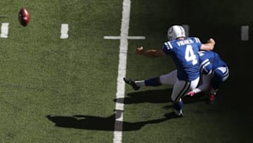 Oct 9, 2016; Indianapolis, IN, USA; Indianapolis Colts kicker Adam Vinatieri (4) kicks a field goal against the Chicago Bears at Lucas Oil Stadium. Indianapolis defeated Chicago 29-23. Mandatory Credit: Brian Spurlock-USA TODAY Sports
