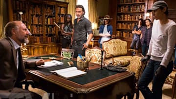 Photo credit: TVLine.com,AMC The Walking Dead; Andrew Lincoln as Rick Grimes, Lauren Cohan as Maggie Rhee, Xander Berkely as Gregory