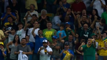 SAO PAULO, BRAZIL - OCTOBER 10: Gabriel Jesus (L) and Fernandinho of Brazil celebrate their thirth goal during the match between Brazil and Chile for the 2018 FIFA World Cup Russia Qualifier at Allianz Parque Stadium on October 10, 2017 in Sao Paulo, Brazil. (Photo by Alexandre Schneider/Getty Images)