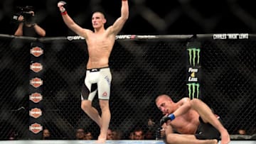 INGLEWOOD, CA - JUNE 04: Sean Strickland celebrates after defeating Tom Breese of England by split decision in their welterweight bout during the UFC 199 event at The Forum on June 4, 2016 in Inglewood, California. (Photo by Harry How/Zuffa LLC/Zuffa LLC via Getty Images)