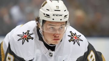 TORONTO, ON - NOVEMBER 7: Cody Glass #9 of the Vegas Golden Knights waits for a puck drop against the Toronto Maple Leafs during an NHL game at Scotiabank Arena on November 7, 2019 in Toronto, Ontario, Canada. The Maple Leafs defeated the Golden Knights 2-1 in overtime. (Photo by Claus Andersen/Getty Images)