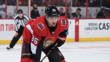 OTTAWA, ON - APRIL 01: Colin White #36 of the Ottawa Senators prepares for a faceoff against the Tampa Bay Lightning at Canadian Tire Centre on April 1, 2019 in Ottawa, Ontario, Canada. (Photo by Andrea Cardin/NHLI via Getty Images)