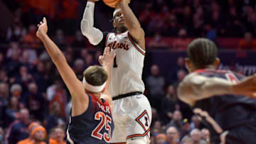 Dec 11, 2021; Champaign, Illinois, USA; Illinois Fighting Illini guard Trent Frazier (1) shoots the ball during the first half against the Arizona Wildcats at State Farm Center. Mandatory Credit: Ron Johnson-USA TODAY Sports