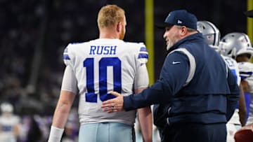 Cooper Rush #10 of the Dallas Cowboys talks with head coach Mike McCarthy (Photo by Stephen Maturen/Getty Images)