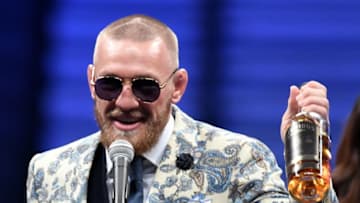 LAS VEGAS, NV - AUGUST 26: Conor McGregor speaks during a news conference while holding up his Notorious-branded Irish whiskey after his loss to Floyd Mayweather Jr. by 10th-round TKO in their super welterweight boxing match on August 26, 2017 at T-Mobile Arena in Las Vegas, Nevada. (Photo by Ethan Miller/Getty Images)