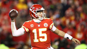 KANSAS CITY, MISSOURI - JANUARY 20: Patrick Mahomes #15 of the Kansas City Chiefs throws a pass in the first half against the New England Patriots during the AFC Championship Game at Arrowhead Stadium on January 20, 2019 in Kansas City, Missouri. (Photo by Ronald Martinez/Getty Images)