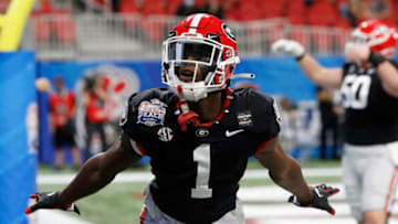Jan 1, 2021; Atlanta, GA, USA; Georgia wide receiver George Pickens (1) celebrates after scoring a touchdown during the first half of the Peach Bowl NCAA college football game between Georgia and Cincinnati at Mercedes-Benz Stadium in Atlanta., on Saturday, Jan. 1, 2021. Joshua L. Jones-USA TODAY NETWORK/Athens Banner-HeraldNcaa Football Chick Fil A Peach Bowl Georgia Vs Cincinnati