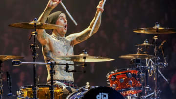 NEW YORK, NEW YORK - MAY 19: Travis Barker of Blink-182 performs onstage at Madison Square Garden on May 19, 2023 in New York City. (Photo by Manny Carabel/Getty Images)