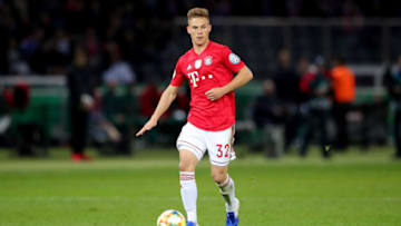 BERLIN, GERMANY - MAY 25: Joshua Kimmich of Bayern Muenchen runs with the ball during the DFB Cup final between RB Leipzig and Bayern Muenchen at Olympiastadion on May 25, 2019 in Berlin, Germany. (Photo by Alexander Hassenstein/Bongarts/Getty Images)