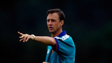 Former champion Johan Cruyff and FC Barcelona's coach. Cruyff won a hat-trick of European Cups with Ajax, the World Clubs' Cup and was three times European Footballer of the Year. At their peak, the Dutch side he captained were the most exciting and talented team in international football, yet, strangely, they never won a major trophy during his reign. | Location: Barcelona, Spain. (Photo by Christian Liewig/TempSport/Corbis via Getty Images)