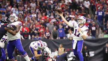 Josh Allen #17 of the Buffalo Bills delivers a pass against the Houston Texans during the first quarter of the AFC Wild Card Playoff game at NRG Stadium. (Photo by Christian Petersen/Getty Images)