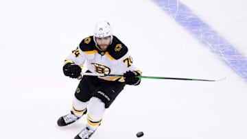 TORONTO, ONTARIO - AUGUST 09: Jake DeBrusk #74 of the Boston Bruins skates with the puck against the Washington Capitals during the second period in an Eastern Conference Round Robin game during the 2020 NHL Stanley Cup Playoffs at Scotiabank Arena on August 09, 2020 in Toronto, Ontario, Canada. (Photo by Andre Ringuette/Freestyle Photo/Getty Images)