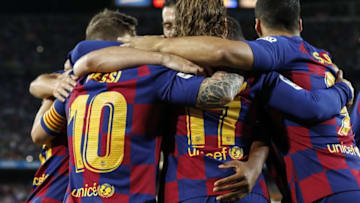 (L-R) Arthur Henrique Ramos de Oliveira Melo of FC Barcelona, Lionel Messi of FC Barcelona, Antoine Griezmann of FC Barcelona, Luis Suarez of FC Barcelona during the LaLiga Santander match between FC Barcelona and Villarreal CF at the Camp Nou stadium on September 24, 2019 in Barcelona, Spain(Photo by ANP Sport via Getty Images)