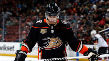 ANAHEIM, CA - DECEMBER 29: Andrew Cogliano #7 of the Anaheim Ducks waits for a face-off during the game against the Arizona Coyotes on December 29, 2018 at Honda Center in Anaheim, California. (Photo by Debora Robinson/NHLI via Getty Images)