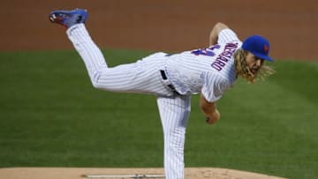 Aug 27, 2016; New York City, NY, USA; New York Mets starting pitcher Noah Syndergaard (34) delivers a pitch in the first inning against the Philadelphia Phillies at Citi Field. Mandatory Credit: Noah K. Murray-USA TODAY Sports