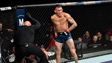 LOS ANGELES, CA - AUGUST 04: Marlon Vera of Ecuador celebrates after his TKO victory over Wuliji Buren of China in their bantamweight fight during the UFC 227 event inside Staples Center on August 4, 2018 in Los Angeles, California. (Photo by Jeff Bottari/Zuffa LLC/Zuffa LLC via Getty Images)