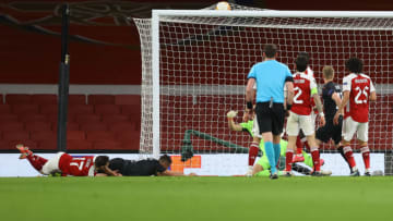 LONDON, ENGLAND - APRIL 08: Tomas Holes of Slavia Praha scores their side's first goal past Bernd Leno of Arsenal during the UEFA Europa League Quarter Final First Leg match between Arsenal FC and Slavia Praha at Emirates Stadium on April 08, 2021 in London, England. Sporting stadiums around Europe remain under strict restrictions due to the Coronavirus Pandemic as Government social distancing laws prohibit fans inside venues resulting in games being played behind closed doors. (Photo by Julian Finney/Getty Images)