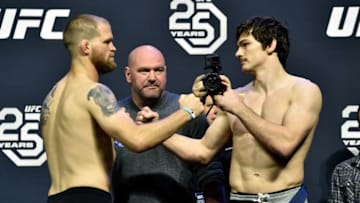 BROOKLYN, NEW YORK - APRIL 06: (L-R) Evan Dunham and Olivier Aubin-Mercier of Canada face off during the UFC 223 weigh-in inside Kings Theater on April 6, 2018 in Brooklyn, New York. (Photo by Jeff Bottari/Zuffa LLC/Zuffa LLC via Getty Images)