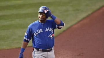 Oct 15, 2016; Cleveland, OH, USA; Toronto Blue Jays first baseman Edwin Encarnacion (10) reacts after grounding out against the Cleveland Indians during the first inning of game two of the 2016 ALCS playoff baseball series at Progressive Field. Mandatory Credit: David Richard-USA TODAY Sports