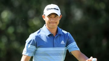 HONOLULU, HAWAII - JANUARY 09: Collin Morikawa of the United States reacts to his par on the sixth green during the first round of the Sony Open in Hawaii at the Waialae Country Club on January 09, 2020 in Honolulu, Hawaii. (Photo by Sam Greenwood/Getty Images)