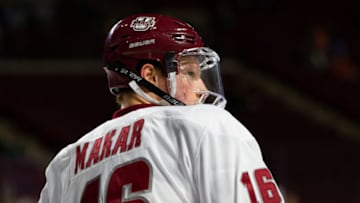 AMHERST, MA - NOVEMBER 24: Cale Makar #16 of the Massachusetts Minutemen warms up before a game against the Princeton Tigers during NCAA hockey at the Mullins Center on November 24, 2018 in Amherst, Massachusetts. The Minutemen won in overtime 3-2. (Photo by Richard T Gagnon/Getty Images)