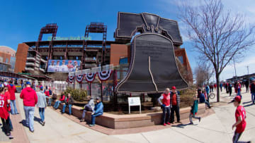 Mar 28, 2019; Philadelphia, PA, USA; Fans pose by a giant liberty bell outside Citizens Bank Park before the opening day game between the Philadelphia Phillies and the Atlanta Braves. Mandatory Credit: Bill Streicher-USA TODAY Sports