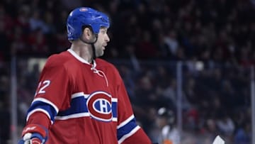Apr 5, 2016; Montreal, Quebec, CAN; Montreal Canadiens forward John Scott (22) takes a breather during the third period against the Florida Panthers at the Bell Centre. Mandatory Credit: Eric Bolte-USA TODAY Sports