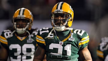 ARLINGTON, TX - FEBRUARY 06: Tramon Williams #38 and Charles Woodson #21 of the Green Bay Packers warm up before taking on the Pittsburgh Steelers in Super Bowl XLV at Cowboys Stadium on February 6, 2011 in Arlington, Texas. (Photo by Doug Pensinger/Getty Images)