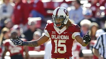 Nov 8, 2014; Norman, OK, USA; Oklahoma Sooners cornerback Zack Sanchez (15) during the game against the Baylor Bears at Gaylord Family - Oklahoma Memorial Stadium. Mandatory Credit: Kevin Jairaj-USA TODAY Sports
