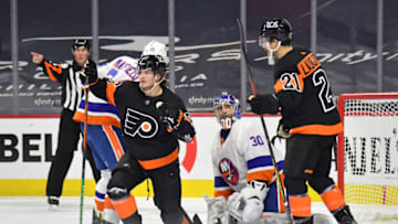 Joel Farabee and Scott Laughton (Mandatory Credit: Eric Hartline-USA TODAY Sports)