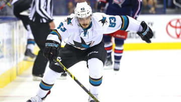 Oct 15, 2016; Columbus, OH, USA; San Jose Sharks left wing Matt Nieto (83) against the Columbus Blue Jackets at Nationwide Arena. The Sharks won 3-2. Mandatory Credit: Aaron Doster-USA TODAY Sports