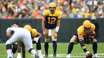 GREEN BAY, WISCONSIN - SEPTEMBER 22: Aaron Rodgers #12 of the Green Bay Packers waits for the snap during the first half against the Denver Broncos at Lambeau Field on September 22, 2019 in Green Bay, Wisconsin. (Photo by Stacy Revere/Getty Images)