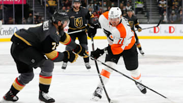 LAS VEGAS, NEVADA - DECEMBER 10: Max Willman #71 of the Philadelphia Flyers shoots against Alex Pietrangelo #7 of the Vegas Golden Knights in the first period of their game at T-Mobile Arena on December 10, 2021 in Las Vegas, Nevada. (Photo by Ethan Miller/Getty Images)