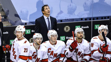 TORONTO, ONTARIO - AUGUST 19: Head coach Rod Brind'Amour of the Carolina Hurricanes reacts against the Boston Bruins during the second period in Game Five of the Eastern Conference First Round during the 2020 NHL Stanley Cup Playoffs at Scotiabank Arena on August 19, 2020 in Toronto, Ontario. (Photo by Elsa/Getty Images)