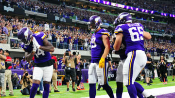 MINNEAPOLIS, MN - SEPTEMBER 11: Minnesota Vikings wide receiver Stefon Diggs (14) celebrates his touchdown reception during a NFL game between the Minnesota Vikings and New Orleans Saints on September 11, 2017 at U.S. Bank Stadium in Minneapolis, MN. The Vikings defeated the Saints 29-19.(Photo by Nick Wosika/Icon Sportswire via Getty Images)