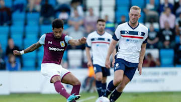 TELFORD, ENGLAND - JULY 12: Andre Green of Aston Villa scores the first goal of the game during the Pre-Season Friendly between AFC Telford United and Aston Villa at New Bucks Head Stadium on July 12, 2017 in Telford, England. (Photo by Malcolm Couzens/Getty Images)