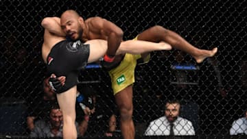 ADELAIDE, AUSTRALIA - DECEMBER 02: (R-L) Wilson Reis of Brazil attempts to take down Ben Nguyen in their flyweight bout during the UFC Fight Night event inside Adelaide Entertainment Centre on December 2, 2018 in Adelaide, Australia. (Photo by Jeff Bottari/Zuffa LLC/Zuffa LLC via Getty Images)