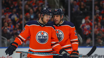EDMONTON, AB - JANUARY 04: Edmonton Oilers Left Wing Milan Lucic (27) talks with Edmonton Oilers Defenceman Oscar Klefbom (77) before a face-off in the second period during the Edmonton Oilers versus the Anaheim Ducks at Rogers Place on JANUARY 04, 2017 in Edmonton Alberta: (Photo by Curtis Comeau/Icon Sportswire via Getty Images)