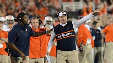 Jan 6, 2014; Pasadena, CA, USA; Auburn Tigers head coach Gus Malzahn during the first half of the 2014 BCS National Championship game against the Florida State Seminoles at the Rose Bowl. Mandatory Credit: Jayne Kamin-Oncea-USA TODAY Sports