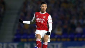 WIMBLEDON, ENGLAND - DECEMBER 08: William Saliba of Arsenal in action during the Papa John's Trophy Second Round match between AFC Wimbledon and Arsenal U21 at Plough Lane on December 08, 2020 in Wimbledon, England. (Photo by James Chance/Getty Images)
