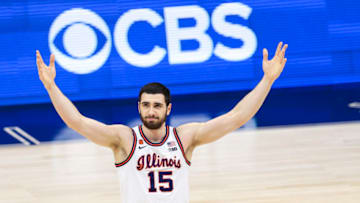 Mar 14, 2021; Indianapolis, Indiana, USA; Illinois Fighting Illini forward Giorgi Bezhanishvili (15) reacts to the crowd during a stop in play against the Ohio State Buckeyes in the second half at Lucas Oil Stadium. Mandatory Credit: Aaron Doster-USA TODAY Sports