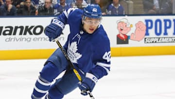 TORONTO, ON - DECEMBER 29: Trevor Moore #42 of the Toronto Maple Leafs skates against the New York Islanders during an NHL game at Scotiabank Arena on December 29, 2018 in Toronto, Ontario, Canada. The Islanders defeated the Maple Leafs 4-0.(Photo by Claus Andersen/Getty Images)