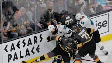 LAS VEGAS, NV - OCTOBER 02: Vegas Golden Knights center Jonathan Marchessault (81) fights for control of the puck during a regular season game Wednesday, Oct. 2, 2019, at T-Mobile Arena in Las Vegas, Nevada. (Photo by: Marc Sanchez/Icon Sportswire via Getty Images)