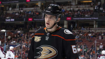 ANAHEIM, CA - MARCH 3: Troy Terry #61 of the Anaheim Ducks waits for play to resume during the first period of the game against the Colorado Avalanche at Honda Center on March 3, 2019 in Anaheim, California. (Photo by Foster Snell/NHLI via Getty Images)