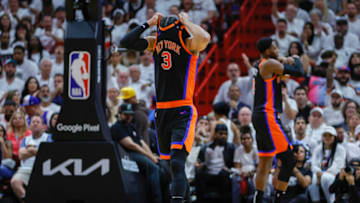 May 8, 2023; Miami, Florida, USA; New York Knicks guard Trevor Keels (3) reacts against the Miami Heat in the fourth quarter during game four of the 2023 NBA playoffs at Kaseya Center. Mandatory Credit: Sam Navarro-USA TODAY Sports